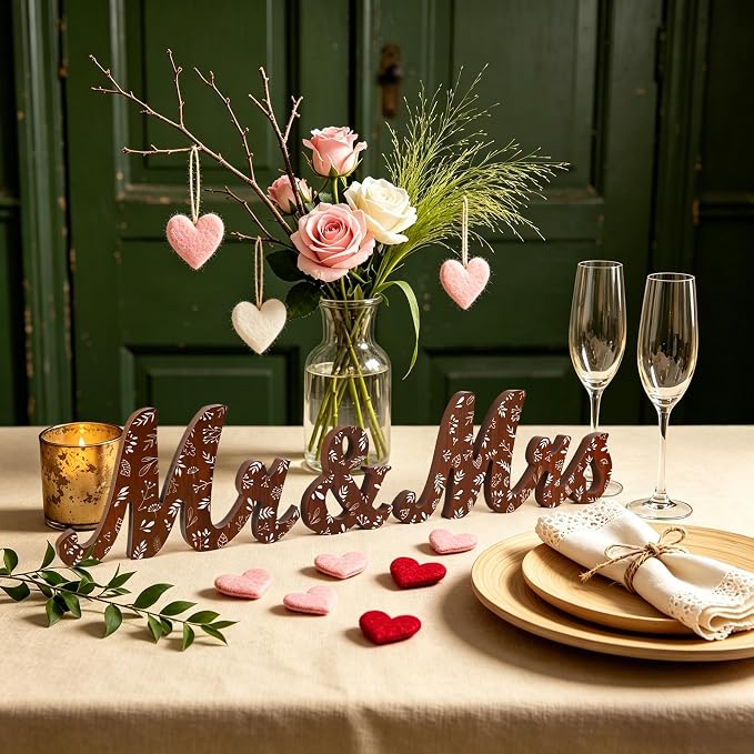 Mr & Mrs Sign for Wedding Table Blue Floral Wedding Decorations for Reception Rustic Wooden Freestanding Letters Table Centerpieces Wooden Photo Booth Props for Wedding Bridal Anniversary Supplies (Brown)