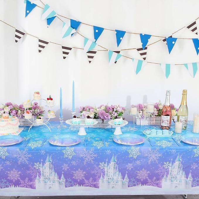 NatNarr 6 Pack Frozen Tablecloth, 54 x 108 Inch Snowflake Plastic Tablecloths Blue and Purple Snowflakes Table Cover, Winter Wonderland Table Cloth for Holiday Frozen Birthday Party Supplies