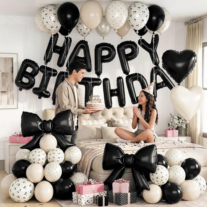 Black White Bow Birthday Decorations Black Sand White Cream Pearl Polka Dot Bows Print Balloon Happy Birthday Banner 38 In Coquette Foil Balloons Heart Balloon for Women Men Bday Party Supplies