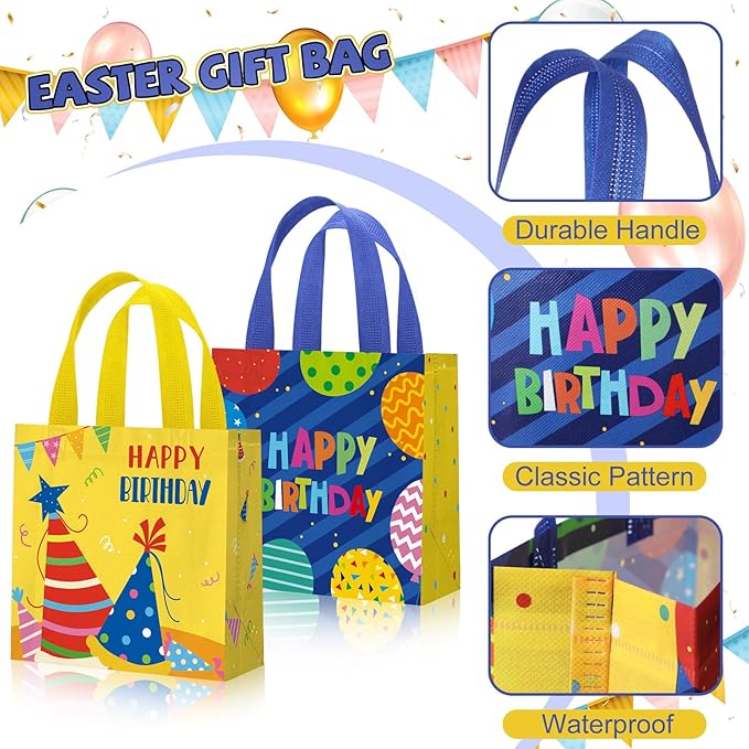 Wesnoy 24 Pcs Happy Birthday Gift Bags Bulk Medium Party Favor Bags Reusable Non Woven Goodie Tote Bag 8 x 8 x 3.5 in Gift Bag with Handles for Birthday Baby Shower Wedding Party Supplies