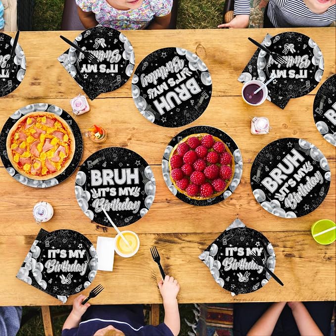 96pcs Bruh It's My Birthday Decorations Black and White Birthday Plates and Napkins for Teen Boys Black and Silver Birthdays Graduation 2026 Party Decorations