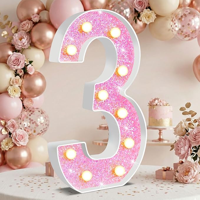 12.6 Inch LED Pink Marquee Light Up Numbers, Sweet 3rd Birthday Decorations Number Lights as Gifts for Girls Women, Glitter Lighted Marquee Numbers for Pink Anniversary Party Table Decor, 3