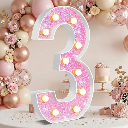 12.6 Inch LED Pink Marquee Light Up Numbers, Sweet 3rd Birthday Decorations Number Lights as Gifts for Girls Women, Glitter Lighted Marquee Numbers for Pink Anniversary Party Table Decor, 3
