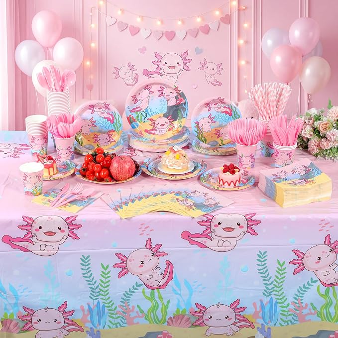 LemonRoad 452 Pcs Axolotl Birthday Decorations for 50, Pink Axolotl Paper Plates Napkins Cups Tablecloth Cutlery Straws Disposable Tableware for Cartoon Animal Baby Shower Birthday Party Supplies