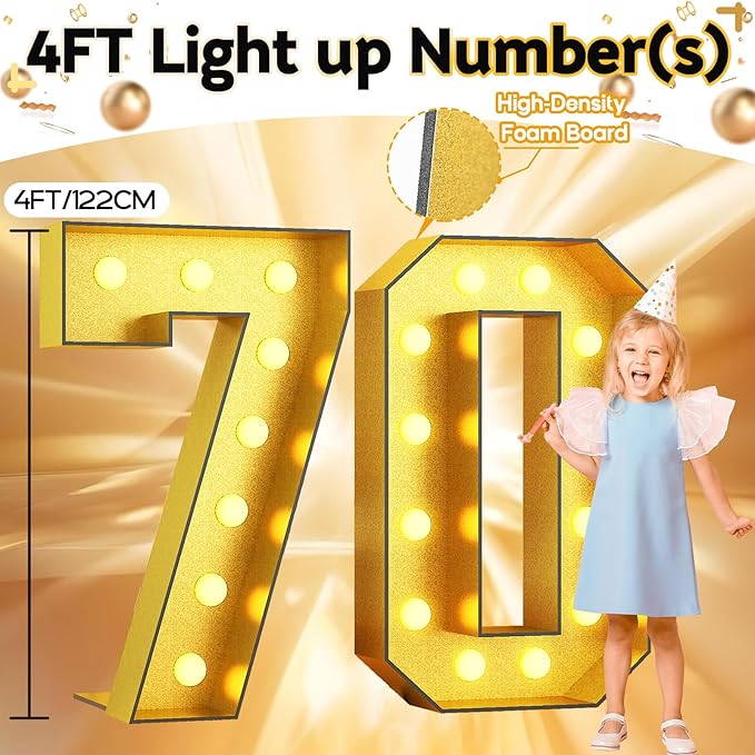 Light Up Numbers 70, 4FT Light Up Numbers Number 70 Marquee Gold Large Light Up Numbers Mosaic Numbers for 70th Birthday, Giant Light Up Numbers Pre-Cut Foam Board Kit for Graduation Anniversary Party