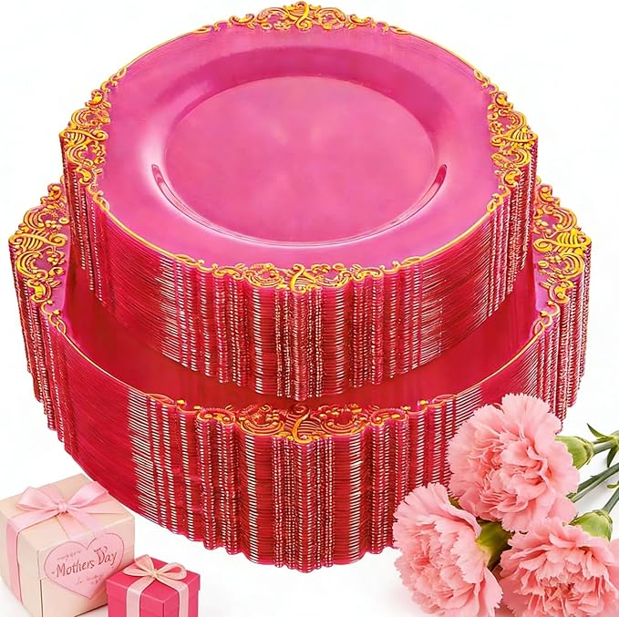 102PCS Clear Hot Pink Plastic Plates - Pink Disposable Plate with Gold Rim - Hot Pink Party Plates Include 51PCS 7.5inch Dessert & 10.25inch Dinner Plate for Wedding Birthday Party Mother’s Day