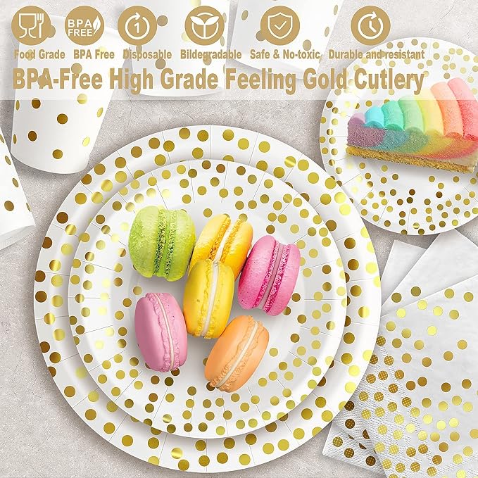 AIRE 350PCS White and Gold Party Supplies, Bulk Disposable Dinnerware Set Serves 50, Heavy Duty Paper Plates & Plastic Cutlery Forks Knives Spoons for Wedding, Anniversary, Large Event