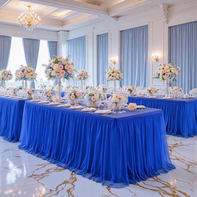 Suppromo 6 Pack 8ft Royal Blue Tulle Tablecloths for Rectangle Tables 8 Foot Rectangular Table Cloth Wrinkle Free Tablecover with Tutu Skirt for Baby Shower Wedding Birthday Party Banquet Buffet Cake