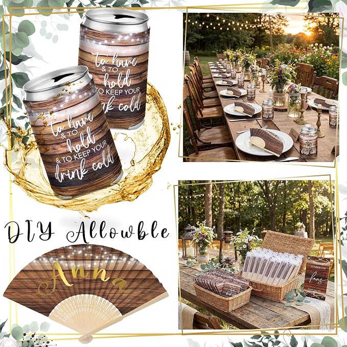 Hoteam 25 Sets Rustic Wedding Favors for Guests Bulk Including Brown Can Cooler and Paper Folding Fans with Wedding Decor Table Sign Cheers to Love for Bridal Shower Party Souvenir