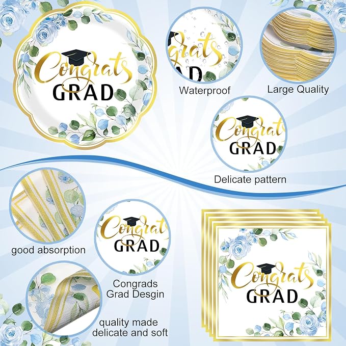 Funnymoom 452 Pcs Class of 2026 Blue Floral Graduation Decoration Party Supply for 50, Blue Gold Congrats Grad Paper Plates Napkins Cup Tablecloth Cutlery Straw for Freshly Graduated Decoration