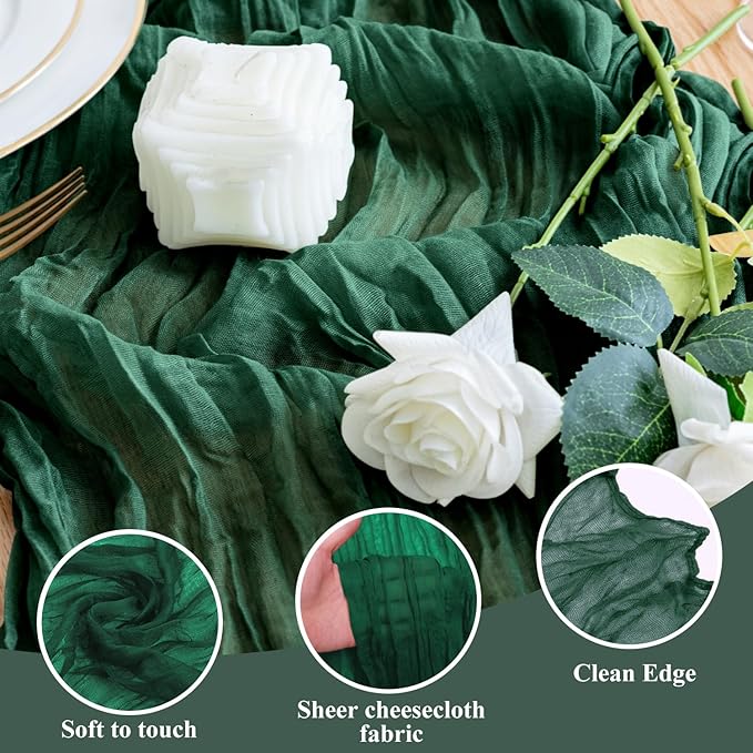Wokceer Cheesecloth Table Runner Christmas 12Pack 10FT Emerald Green Boho Gauze Cheese Cloth Table Runner for Party Rustic Sheer Table Runners for Baby Bridal Shower Wedding Easter Table Decor