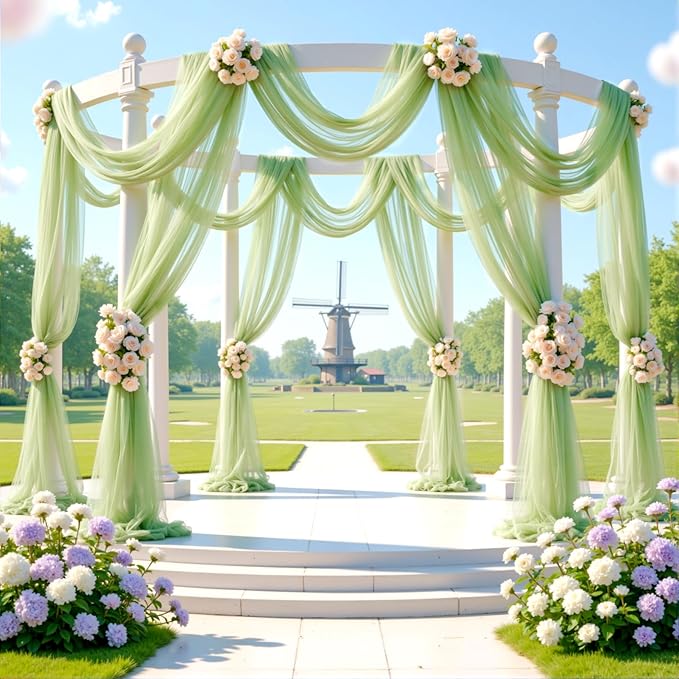 8 Panels Sage Green Wedding Arch Draping Fabric 30" x 19ft Wedding Drapes Tulle Drapes for Backdrop Sheer Fabric Backdrop Drapes Decorations Backdrop Curtains for Reception Ceremony Party