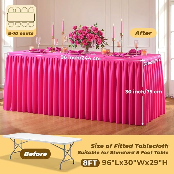 Red Polyester Table Cloths for Rectangle 8 Foot Tables, 2 Pack Wrinkle Free Tablecloths Stretchy Banquet Ruffle Fitted Table Cover Desk Skirt for Parties Wedding Birthday Baby Shower
