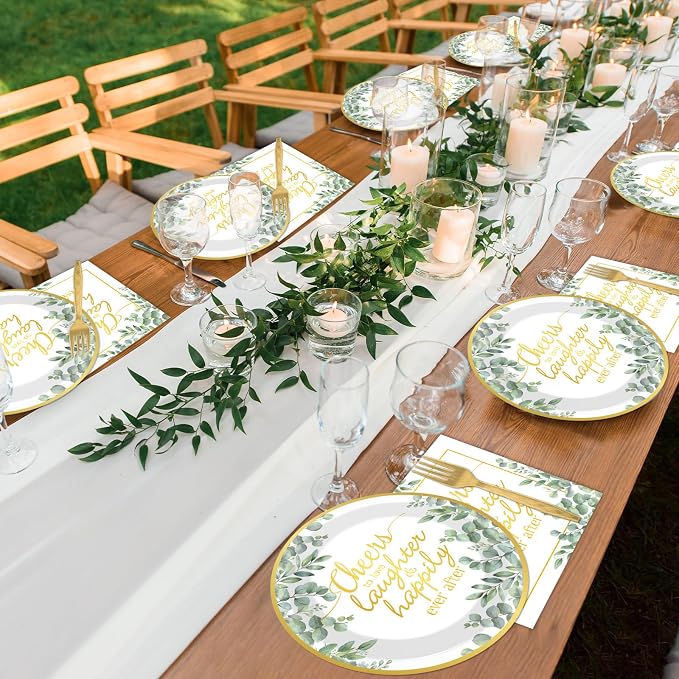 96Pcs Eucalyptus Leaves Bridal Shower Party Supplies Cheer to Love Birthday Plates and Napkins Sage Green Tableware Disposable Dessert Dinnerware for Wedding Engagement Anniversary Decor for 24 Guest
