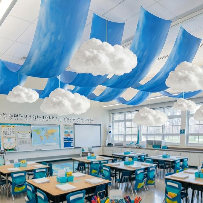 VioraWhite 13 Pcs Blue Sky White Cloud Ceiling Decor Include 12 x 2 ft Fluorescent Light Covers 8 Packs Imitation Artificial 3D Cloud Props Classroom DIY Hanging Ornament Picnic Party Decorations