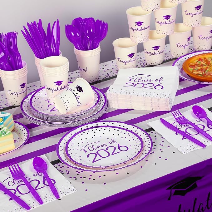 350pcs Class of 2026 Graduation Plates and Napkins Set, Disposable Paper Plate Set Polka Dots Napkins Cups Knife Fork Spoon for Graduation Party Decorations and Supplies,Serve 50 (White Purple)