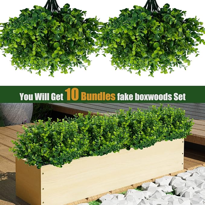 Lnoicy Artificial Greenery Plants Outdoor UV Resistant Fake Plants Boxwood Shrubs Grass,10 Bundles for Farmhouse Home Garden Office Patio Backyard Wedding and Indoor Outdoor Decoration