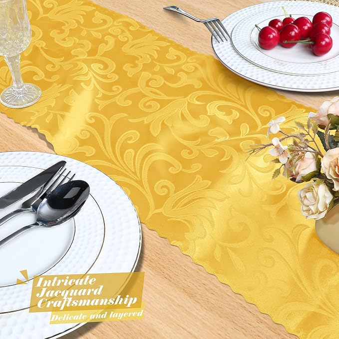 MILVOWOC 12 Pack Gold Satin Table Runner, 12 x 72 Inch Jacquard Damask Rectangle Decorative Table Runner for Party Banquet Birthday Dinner Wedding