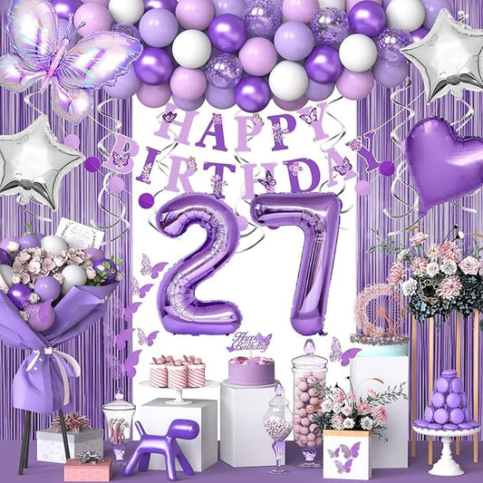 27th Purple Birthday Decorations for Women, Purple Pink 27th Birthday Decorations Butterfly Theme Lavender Party Decor Set with Number Balloons, Banner, Sash, Butterfly Stickers