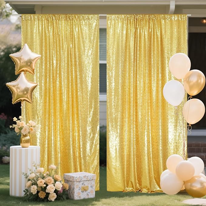 SquarePie 2 PCS 4x10ft Gold Sequin Backdrop for Photography, Extra Long Satin-Backed Real Sequin Curtain, High-Density Shimmering Background with 4" Rod Pocket for Wedding Ceremony, 2 Panels