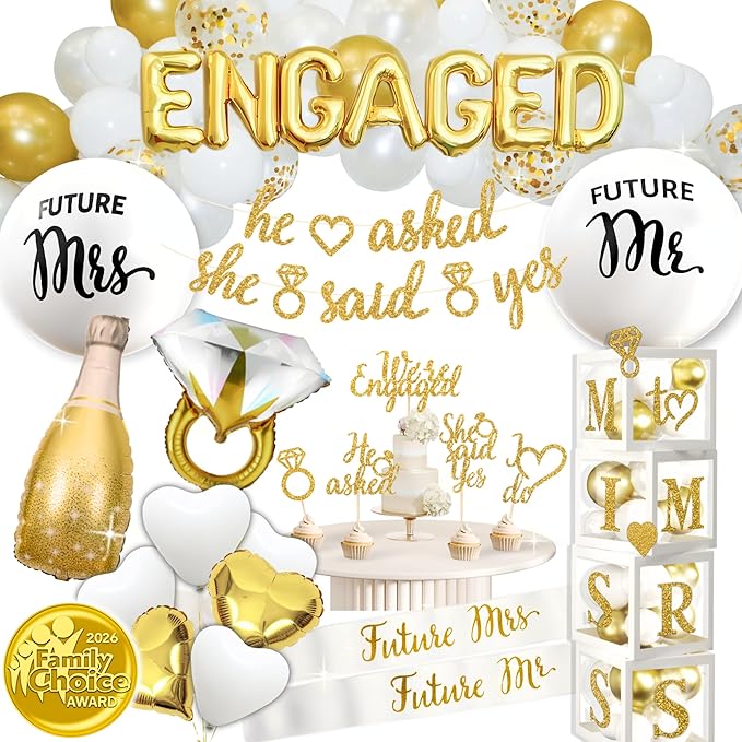 248 Pc Premium Engagement Party Decorations, Gold and White Bridal Decorations, He Asked She Said Yes Banner, Engaged Letter Balloons, Future Mrs and Mr Balloons & Sashes Ring Balloon, Boxes & more