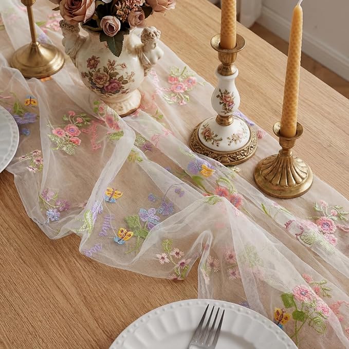 Ivory White Floral Table Runner 10ft Embroidery Tulle Spring Wildflower Gauze Table Runner Seasonal Summer Butterfly Kitchen Dining Decoration for Wedding Baby Shower Birthday Party (6 Pcs)