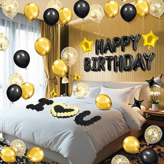 Black Gold Happy Birthday Balloons Decorations Black and Gold Birthday Balloon Letters Banner with 6 Pcs Star Balloons Black Artificial Rose Petals 24 Flameless LED Candles for Room Hotel Party Decor