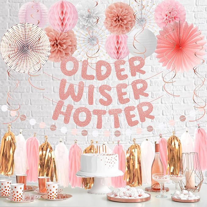 Roetyce Birthday Party Decorations, Rose Gold Glitter Older Wiser Hotter Banner Photo Background for Women, Funny Happy Birthday Backdrop Decor, Pink 30th 40th 50th 60th 70th 80th Party Supplies
