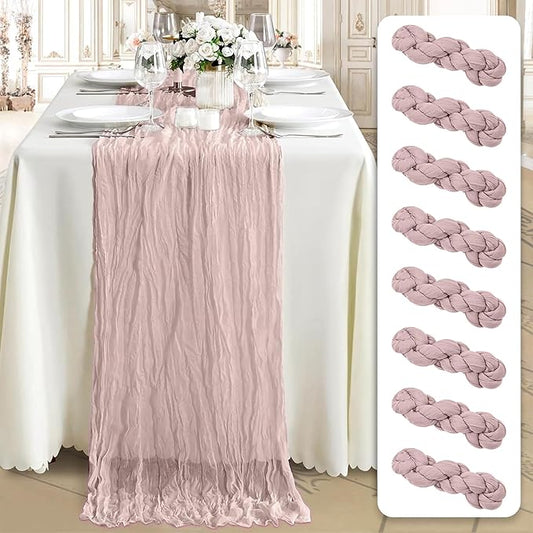 Cheesecloth Table Runner 8 Pack – 35x120 Inch (10ft) Boho Rustic Gauze Cloth Runners – Crinkle Polyester Table Decor for Wedding, Baby Shower, Bridal Shower, Birthday Party and More (Dusty Pink)