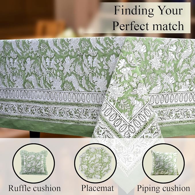 CPC Tablecloth 100% Cotton 72x190 Inch Indian Block Print Rectangle Table Cover, Green Table Cloth for Weddings, Spring/Summer, Barbeque - Olive Green