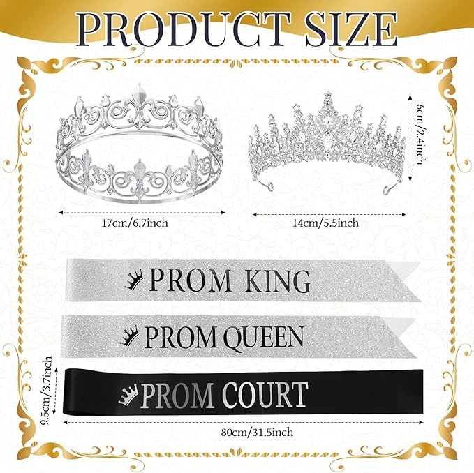 Saintrygo 12 Pcs Prom Crown and Sash Set, Prom King and Queen Tiara Rhinestone Crown Glitter Court Royal Satin Sash for 2026 Graduation Ball Dance Night Party Birthday Accessory(Silver,Classic)