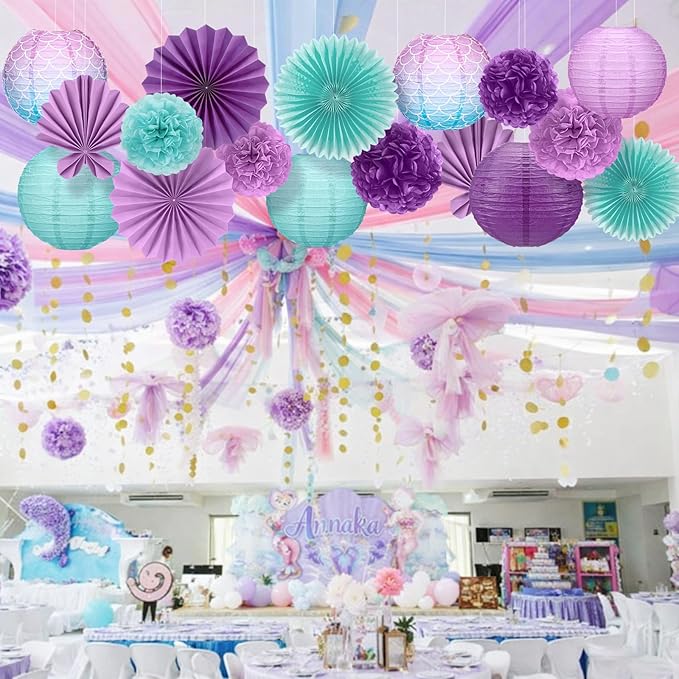 Soulchen 18 Pcs Mermaid Party Decor Purple and Green Paper Lanterns Set Ceiling Hanging Decorations Tissue Pom Poms Fans Decor for Mermaid Under the Sea Ocean Birthday Party Classroom Supplies