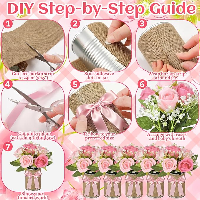 Suncalla 45 Pcs/6 Set Floral Baby Shower Decorations for Girl Rustic Vase Table Centerpieces with Burlap Bow Pink Flower Metal Vases Decor for Baby Girls Wedding Reception Picnic Party Table Decor