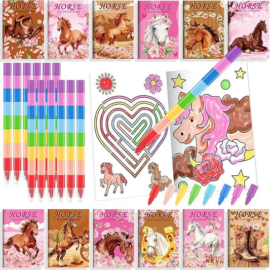 BenLouis 24 Horse Floral Mini Coloring Books Kids with 24 Stacking Crayons Cowgirl Party Party Favors Activity Books Bulk for Kids Girls Horse Racing Flower Goodie Bag Gift Stuffer Classroom Reward