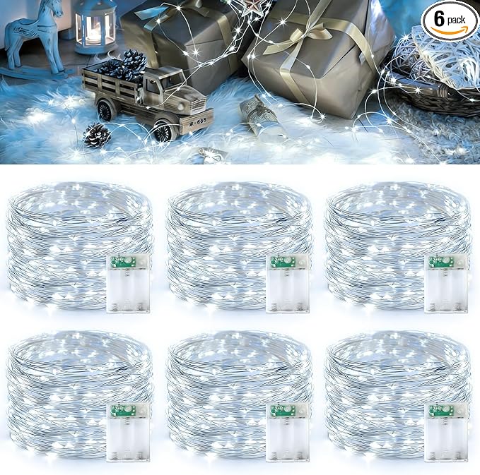 QITONG White Fairy Lights Battery Operated, 6 Pack Each 16ft 50 LED Outdoor String Lights, Silver Wire Mini Twinkle Light Indoor