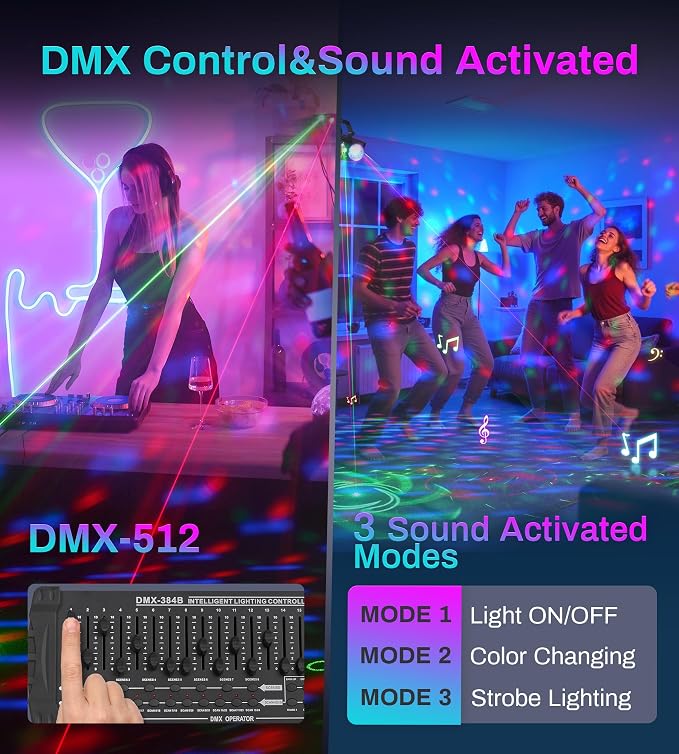 Disco Party Lights Laser DJ Light with Sound Activated Support DMX512 Stage DJ Party Disco Lighting with Remote Control for Xmas Club Parties Birthday Christmas Wedding