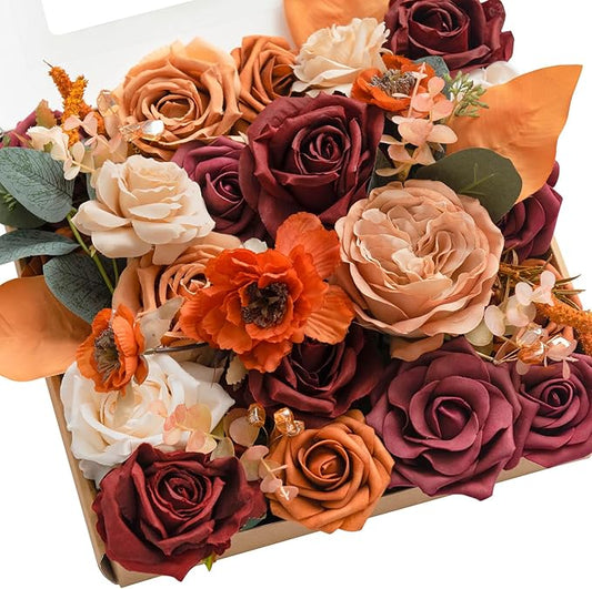 Ling's moment Fake Flowers Box, Faux Artificial Greenery Stems Foam Roses Silk Poppy Eucalyptus Fabic Flower for Centerpieces Bouquet Wedding Vase Floral Decorations, Orange & Burgundy, Grand Combo