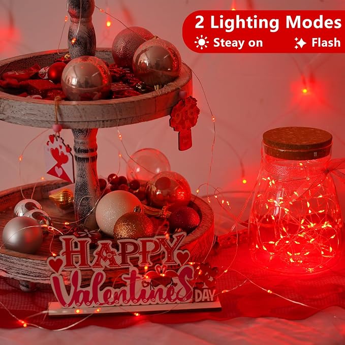 YEGUO Fairy Lights Battery Operated, 4 Packs Each 16ft 50 LED String Lights, Christmas Lights Indoor for Bedroom Wedding Party Holiday Gift(Red)
