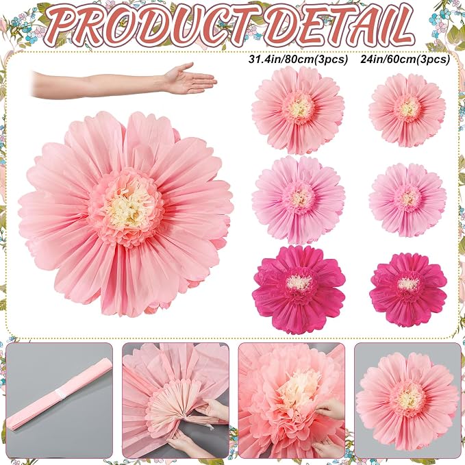 Giegxin 6 Pcs 31.4", 24" Pink, Rose Red Giant Paper Flowers Big Pink Tissue Flowers for Wall Decorations Jumbo Crepe Floral for Wedding Tea Party Baby Shower Classroom Bulletin Board Birthday Backdrop