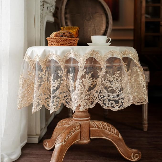 ARTABLE Lace Tablecloth Rectangle Waterproof Table Cover with Exquisite Macrame Border for Wedding Kitchen Holidays Party Decor (Beige, 36 Inch Round)