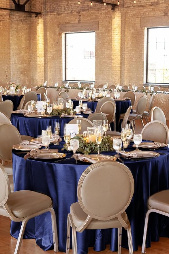 12 Pack 108 Inch Round Tablecloth, Navy Blue Satin Fabric Tablecloth for Round Tables, Wrinkle Resistant Washable Table Cover Bright Silk Table Clothes for Wedding Party Dining Tables Banquet