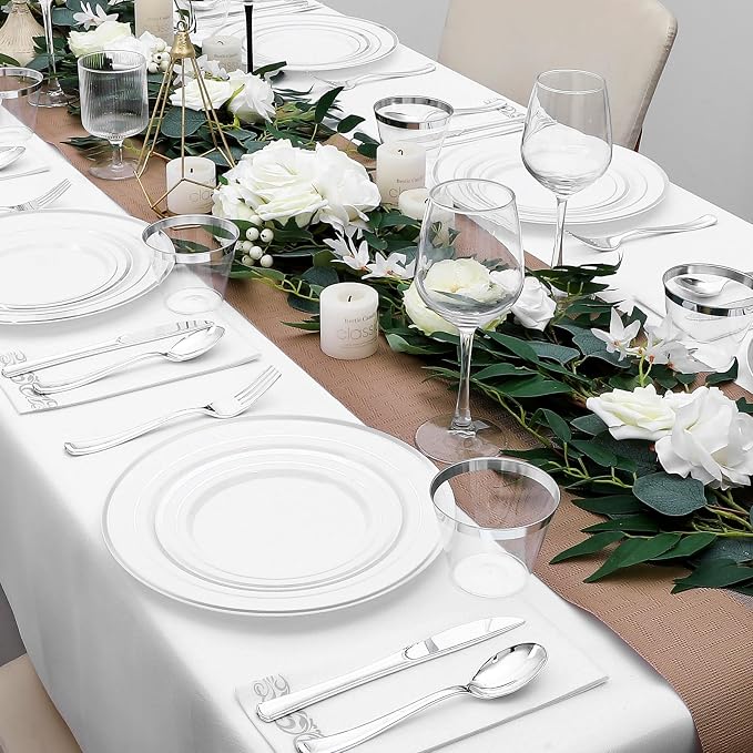 350-Piece Silver Rim Plastic Dinnerware Set for 50 Guests, Elegant Disposable Dinnerware for Party, Wedding, Includes Dinner Plates, Dessert Plates, Silverware, Napkins, Cups