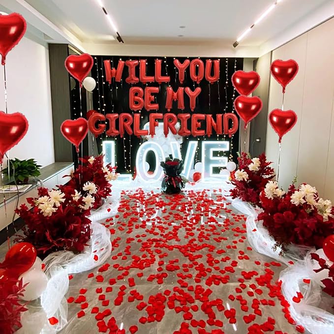 2 Set Red Will You Be My Girlfriend Balloons - 42pcs 16" Letter Balloons 1200pcs Red Artificial Rose Petals 10pcs 18" Heart Balloon Alphabet Foil Mylar Balloon for Valentines Day Decorations
