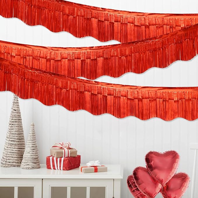 LOLStar Red Foil Fringe Tinsel Garland, Tinsel Streamers Banner, 6 Pack | 60Ft Tinsel Streamers, Shiny Red Wall Hanging Tinsel Fringe Banners for Valentines Day, Parade Float, Christmas Party Decor
