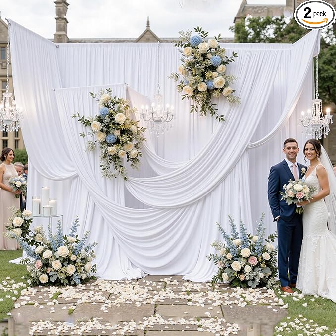 10FTx12FT White Wrinkle-Free Wedding Backdrop Curtain -Silky Washable White Polyester Drapes for Baby Showers, Birthday Parties, Photography, and Wedding Receptions-2 Panels 5FTx12FT