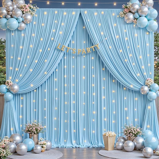 4 Panels Baby Blue Backdrop Curtains - Wrinkle Free Fabric Backdrop Curtain for Photoshoot, 10FT Wedding Party Photo Backdrop Drapes for Birthday Baby Shower Photography Stage Background Decorations