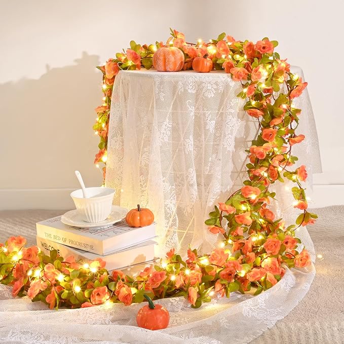 BLEUM CADE 5Pcs 41Ft Flowers Garland Artificial Rose Vines with 32.8Ft String Lights, Cute Fake Hanging Flower Vines Floral Garland Decorations for Wedding Party Wall Room Decor Aesthetic