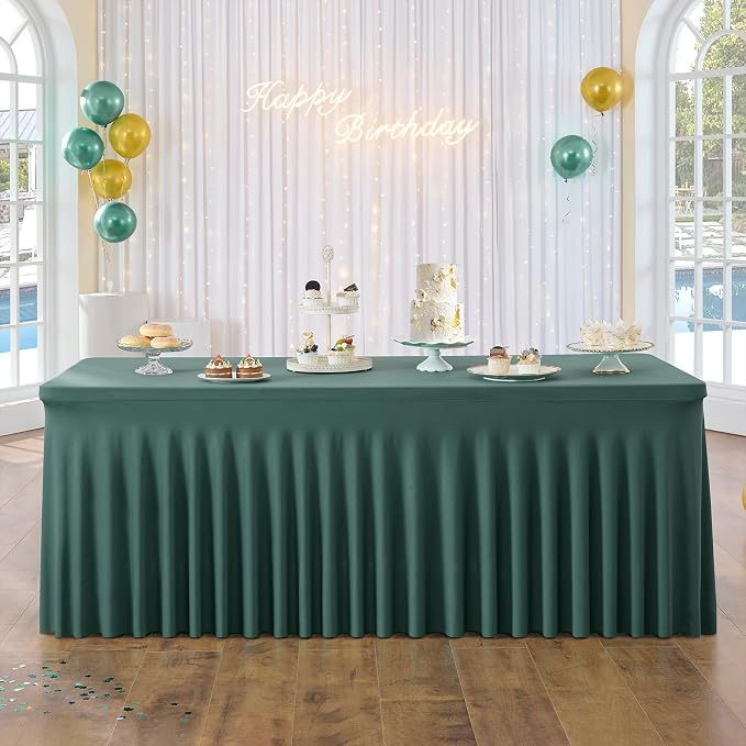 2 Pack Hunter Green Spandex Table Clothes for 8 Foot Rectangle Tables, Wrinkle Free Fitted Table Cover 8ft Green Stretchy Tablecloths with Skirt for Parties Weddings Birthday Banquet Baby Shower