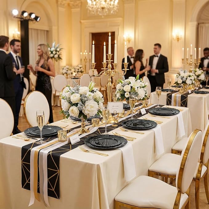 DaYammi 150Pcs Black Plastic Plates & Gold Plastic Silverware,Black Disposable Plates Set Include 30 Dinner Plate, 30 Dessert Plate,30 Golden Knives,30 Gold Forks,30 Golden Spoons for Party Wedding