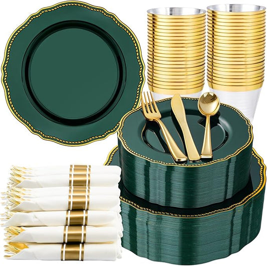 Hioasis 350pcs Green Gold Plastic Plates - Gold Plastic Dinnerware Set Includes 50 Dinner Plates, 50 Dessert Plates, 50 Gold Utensils, 50 Napkins Perfect for Wedding